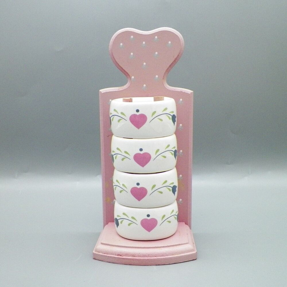 1990's Set of 4 Porcelain Napkin Rings with Stand Hearts Flowers Vintage
